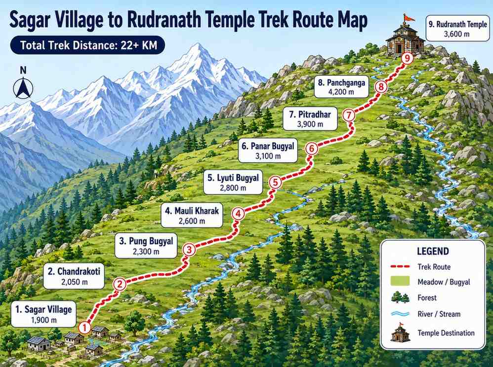 Sagar Village to Rudranath Temple Trek Route Map
