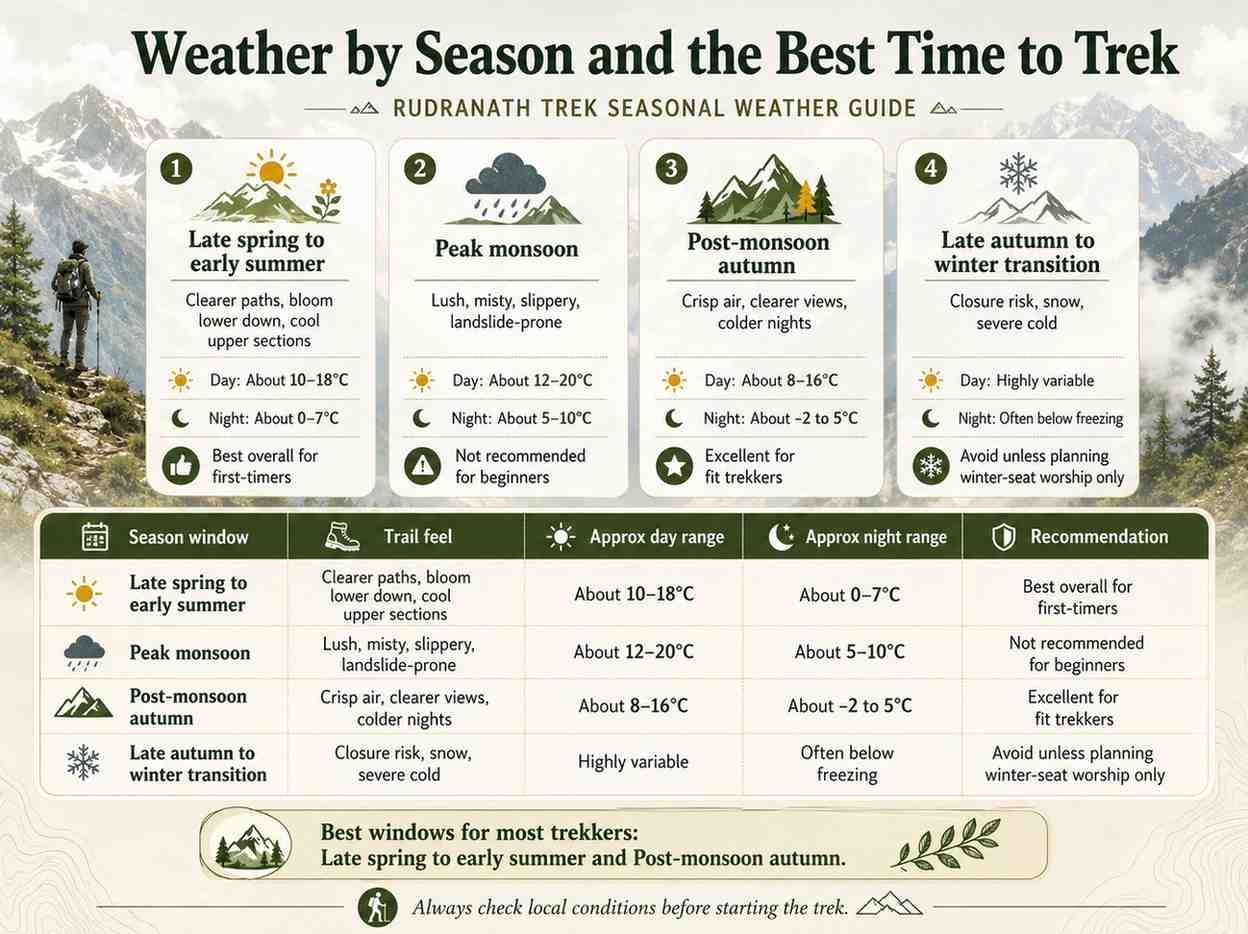 Weather by season and the best time to trek - Rudranath Temple Trek Guide 2026